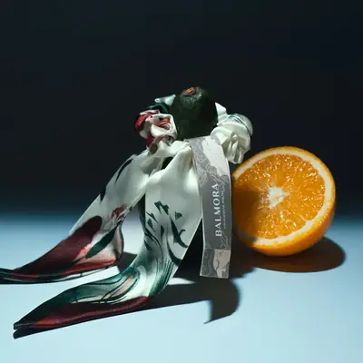 A printed silk scarf tied on a small bust beside an orange