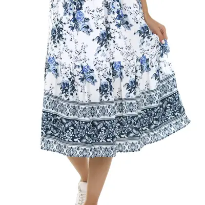 A blue and white floral midi skirt