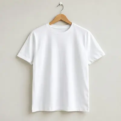 A plain white T-shirt on a wooden hanger